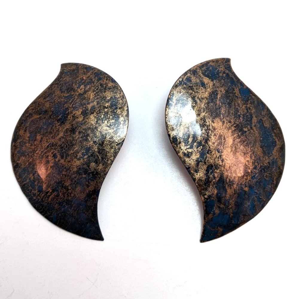 Vintage Y2K Handmade Big Bird Swoop Earrings Statement Gold Marbled Navy Metal